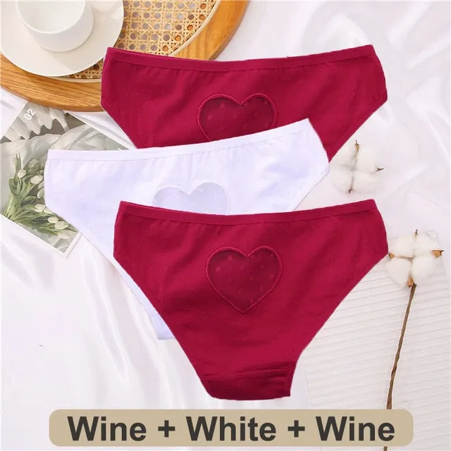 3 Pack Heart Hollow Out Cotton Mix Panties Low-Waist Comfortable Underpants Seamless Underwear Lingerie