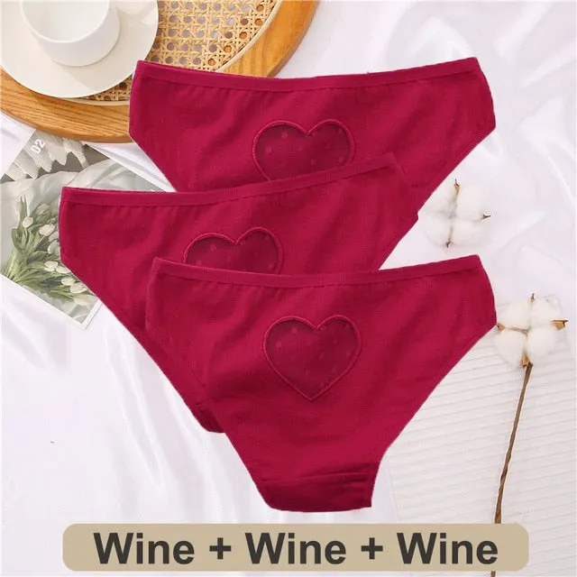 3 Pack Heart Hollow Out Cotton Mix Panties Low-Waist Comfortable Underpants Seamless Underwear Lingerie