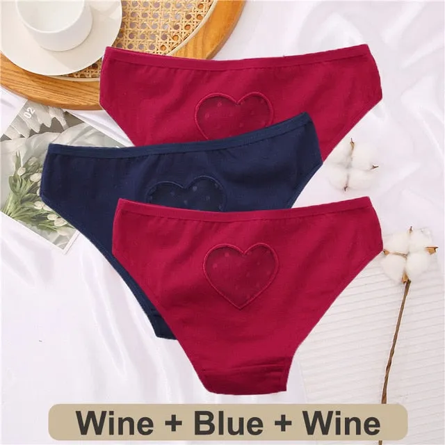 3 Pack Heart Hollow Out Cotton Mix Panties Low-Waist Comfortable Underpants Seamless Underwear Lingerie