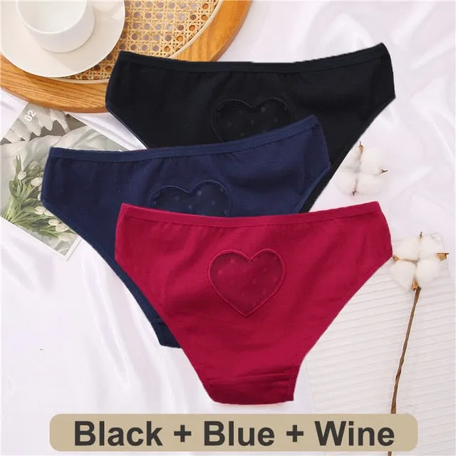 3 Pack Heart Hollow Out Cotton Mix Panties Low-Waist Comfortable Underpants Seamless Underwear Lingerie