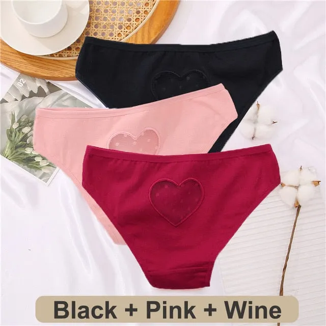 3 Pack Heart Hollow Out Cotton Mix Panties Low-Waist Comfortable Underpants Seamless Underwear Lingerie