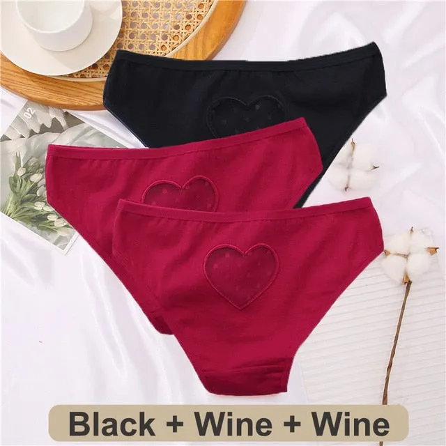 3 Pack Heart Hollow Out Cotton Mix Panties Low-Waist Comfortable Underpants Seamless Underwear Lingerie
