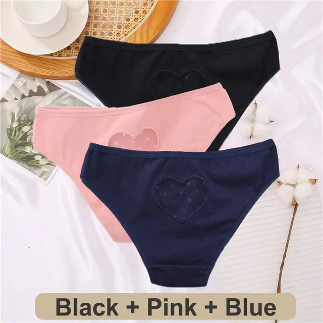 3 Pack Heart Hollow Out Cotton Mix Panties Low-Waist Comfortable Underpants Seamless Underwear Lingerie
