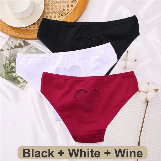 3 Pack Heart Hollow Out Cotton Mix Panties Low-Waist Comfortable Underpants Seamless Underwear Lingerie