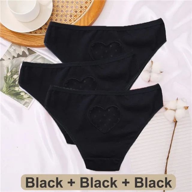 3 Pack Heart Hollow Out Cotton Mix Panties Low-Waist Comfortable Underpants Seamless Underwear Lingerie