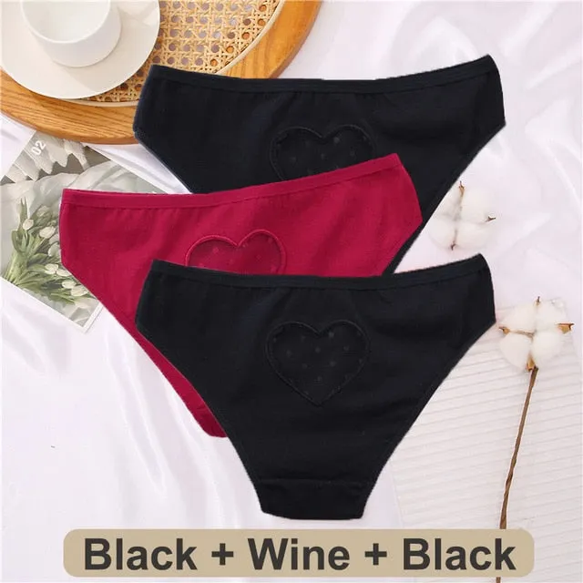 3 Pack Heart Hollow Out Cotton Mix Panties Low-Waist Comfortable Underpants Seamless Underwear Lingerie