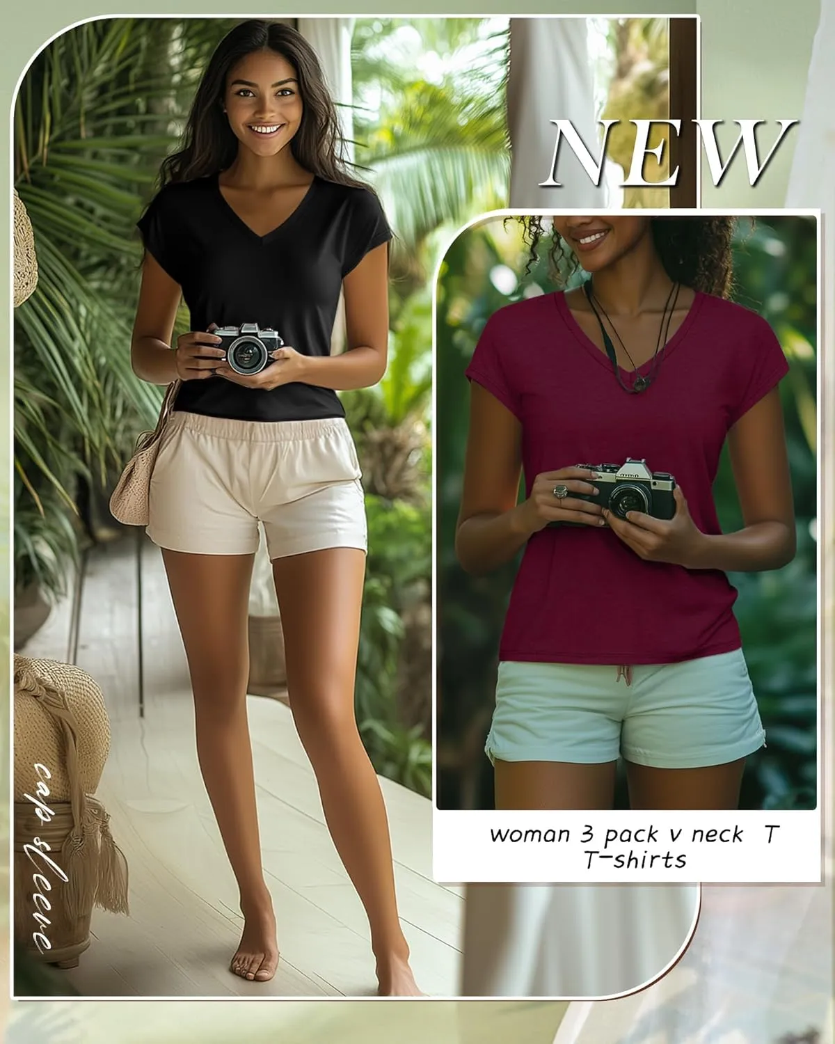 3 Pack Women's Cap Sleeve T Shirts Cotton V Neck Tops Loose Fit Tshirts Soft Basic Casual Summer Tee