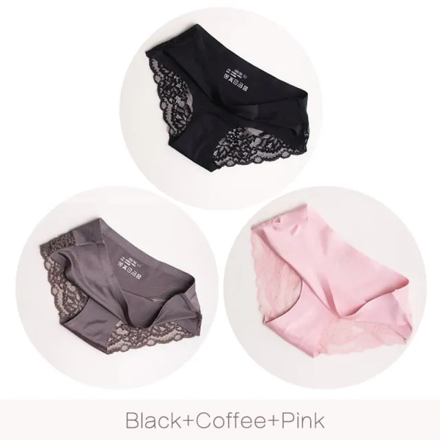 3 pack Women's lingerie Lace Underwear Seamless Panties Brief Ice Silk intimates Underpants Cotton briefs