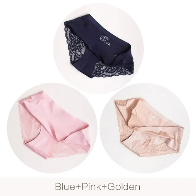 3 pack Women's lingerie Lace Underwear Seamless Panties Brief Ice Silk intimates Underpants Cotton briefs