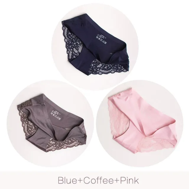 3 pack Women's lingerie Lace Underwear Seamless Panties Brief Ice Silk intimates Underpants Cotton briefs