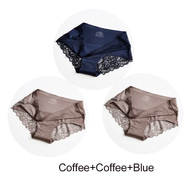 3 pack Women's lingerie Lace Underwear Seamless Panties Brief Ice Silk intimates Underpants Cotton briefs