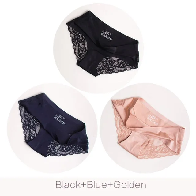 3 pack Women's lingerie Lace Underwear Seamless Panties Brief Ice Silk intimates Underpants Cotton briefs