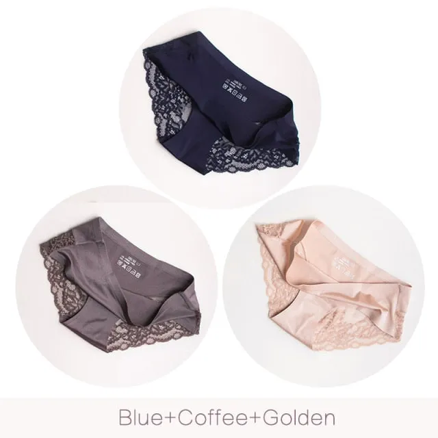 3 pack Women's lingerie Lace Underwear Seamless Panties Brief Ice Silk intimates Underpants Cotton briefs