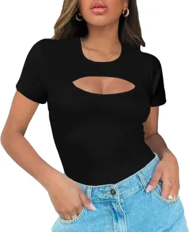 Afibi Womens Cutout Front Tops Short Sleeves Ribbed Sexy Fitted T-Shirts