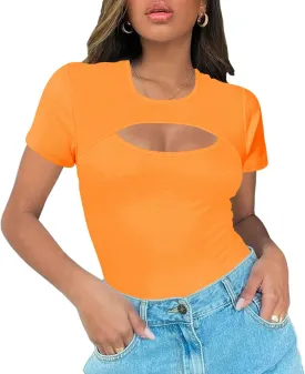 Afibi Womens Cutout Front Tops Short Sleeves Ribbed Sexy Fitted T-Shirts
