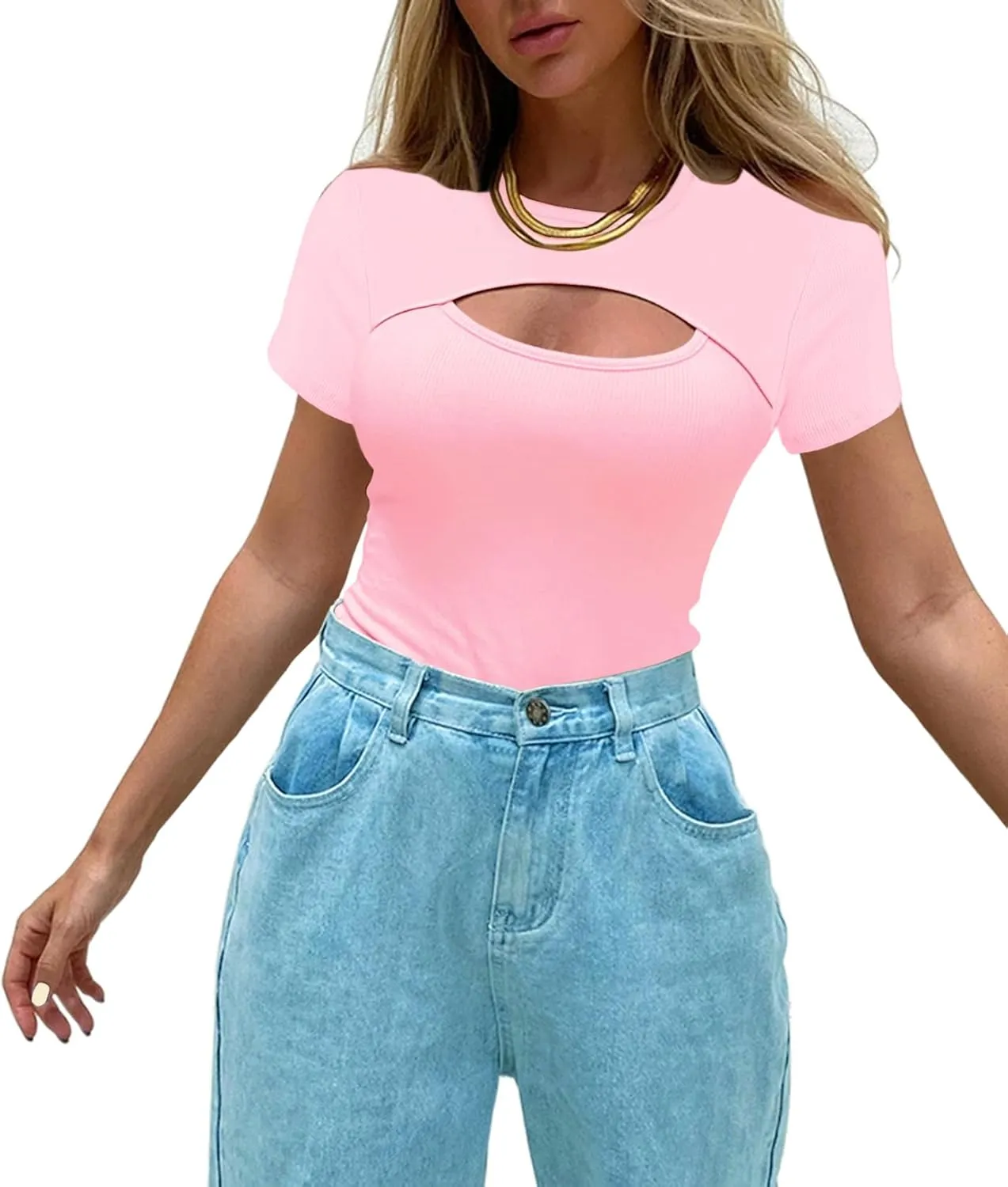 Afibi Womens Cutout Front Tops Short Sleeves Ribbed Sexy Fitted T-Shirts