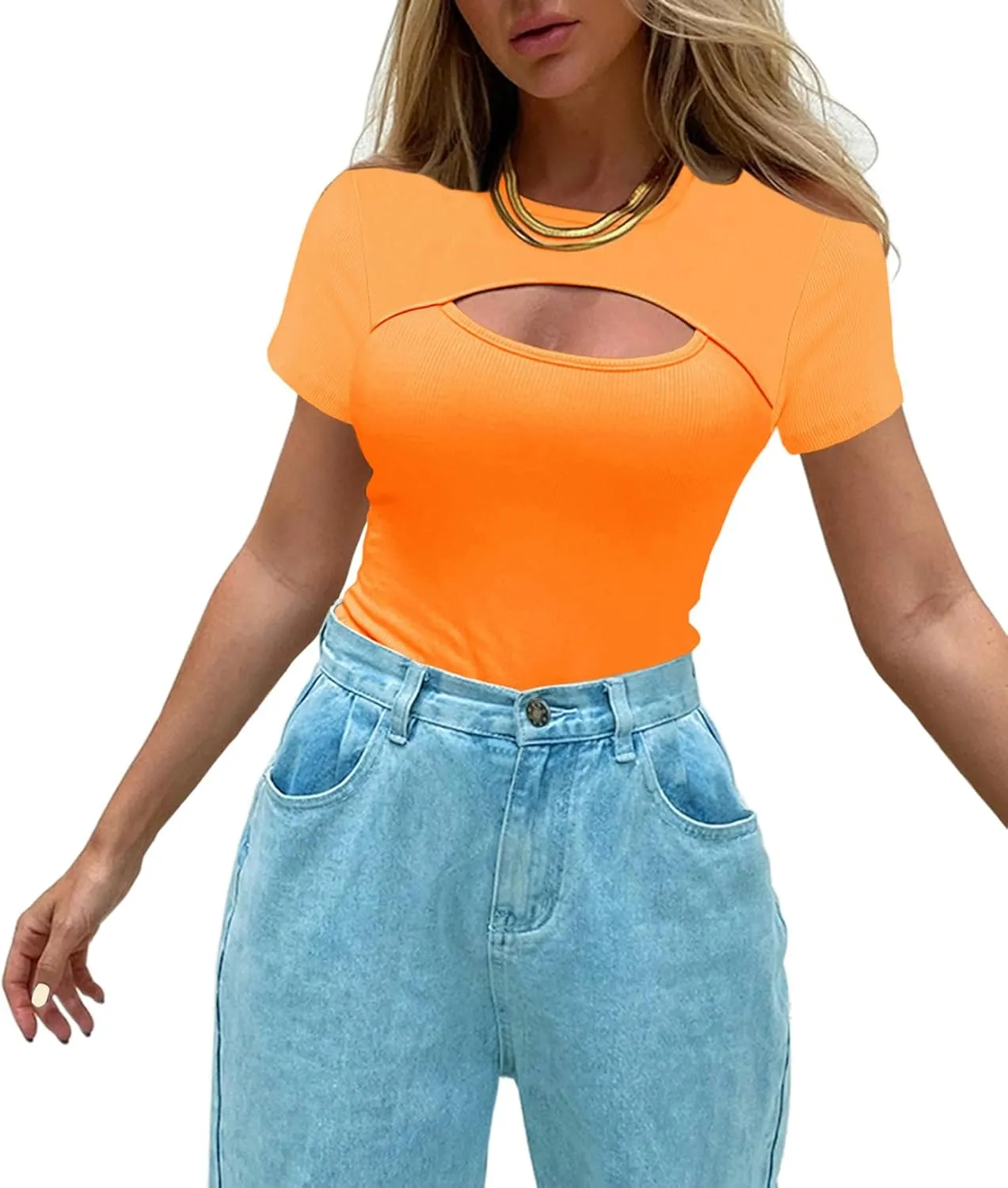 Afibi Womens Cutout Front Tops Short Sleeves Ribbed Sexy Fitted T-Shirts