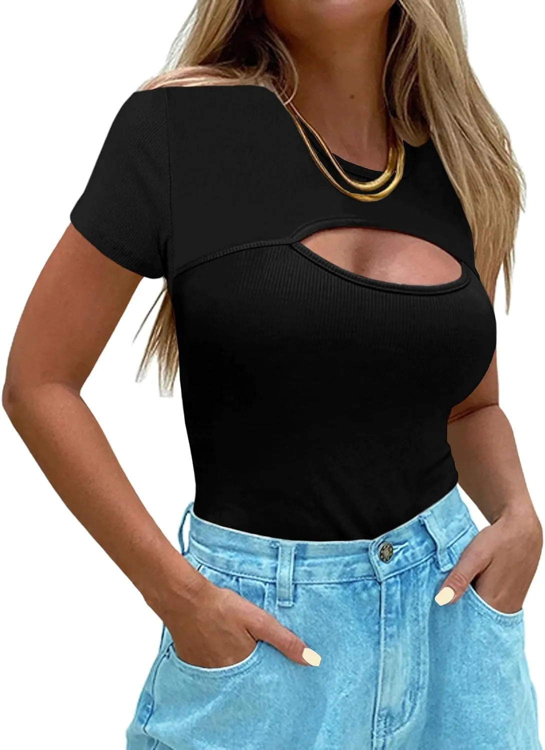 Afibi Womens Cutout Front Tops Short Sleeves Ribbed Sexy Fitted T-Shirts