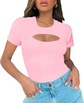 Afibi Womens Cutout Front Tops Short Sleeves Ribbed Sexy Fitted T-Shirts