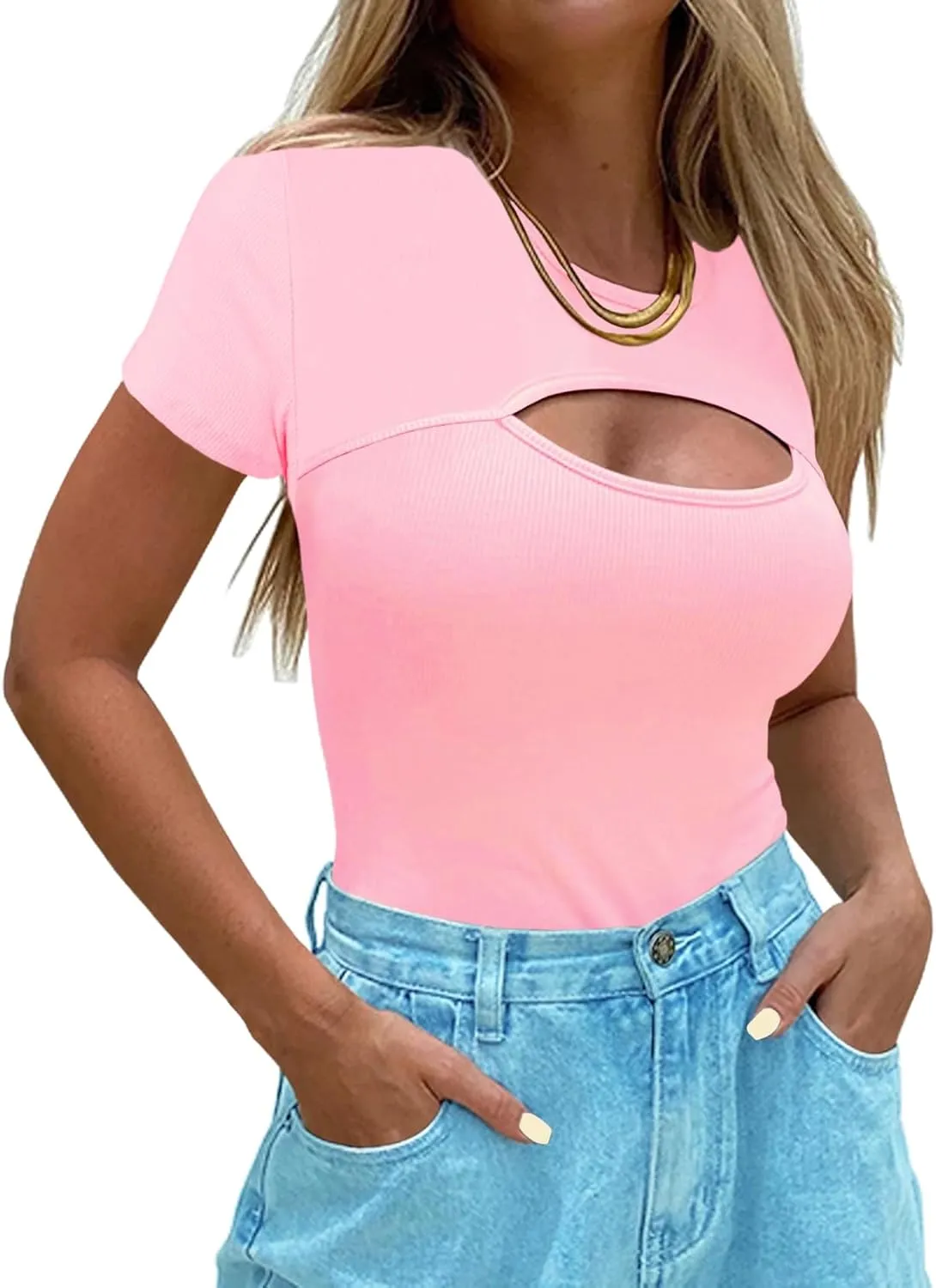 Afibi Womens Cutout Front Tops Short Sleeves Ribbed Sexy Fitted T-Shirts