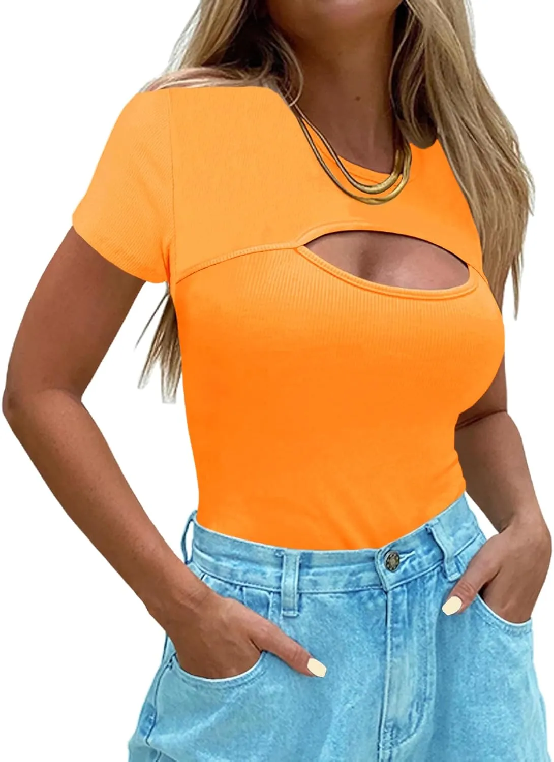 Afibi Womens Cutout Front Tops Short Sleeves Ribbed Sexy Fitted T-Shirts