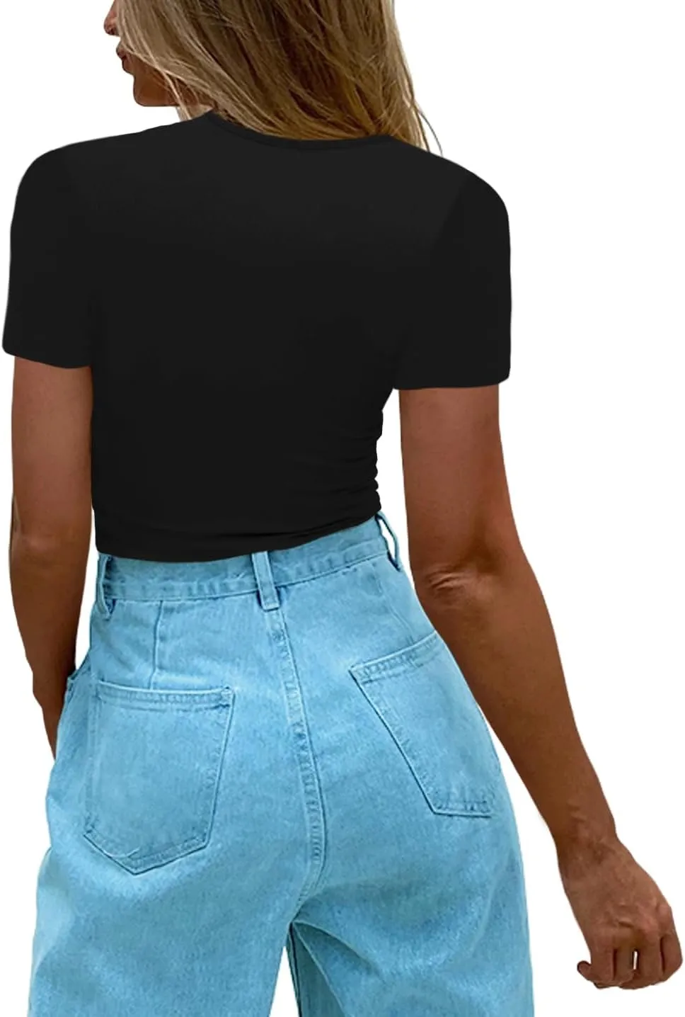 Afibi Womens Cutout Front Tops Short Sleeves Ribbed Sexy Fitted T-Shirts