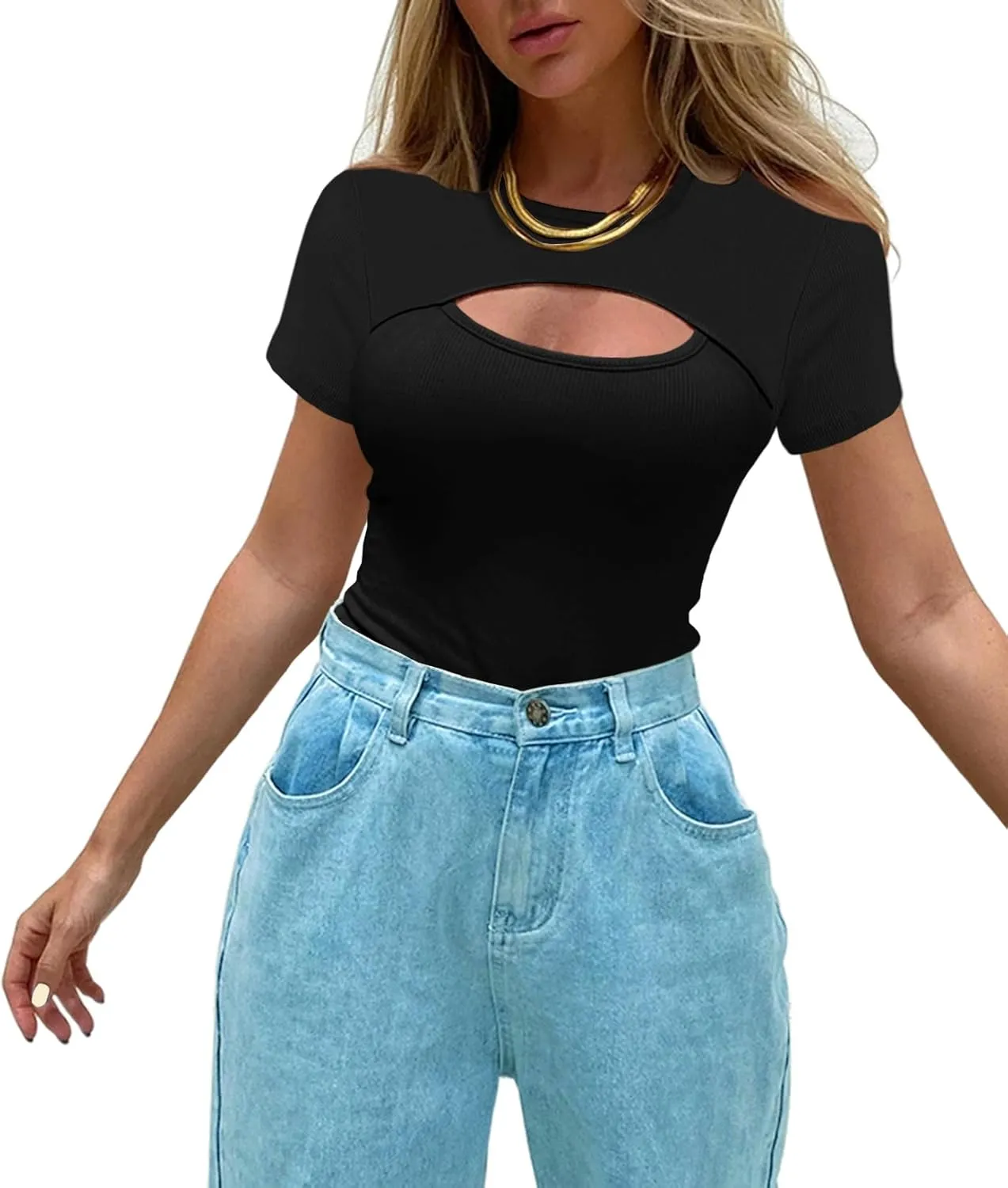 Afibi Womens Cutout Front Tops Short Sleeves Ribbed Sexy Fitted T-Shirts