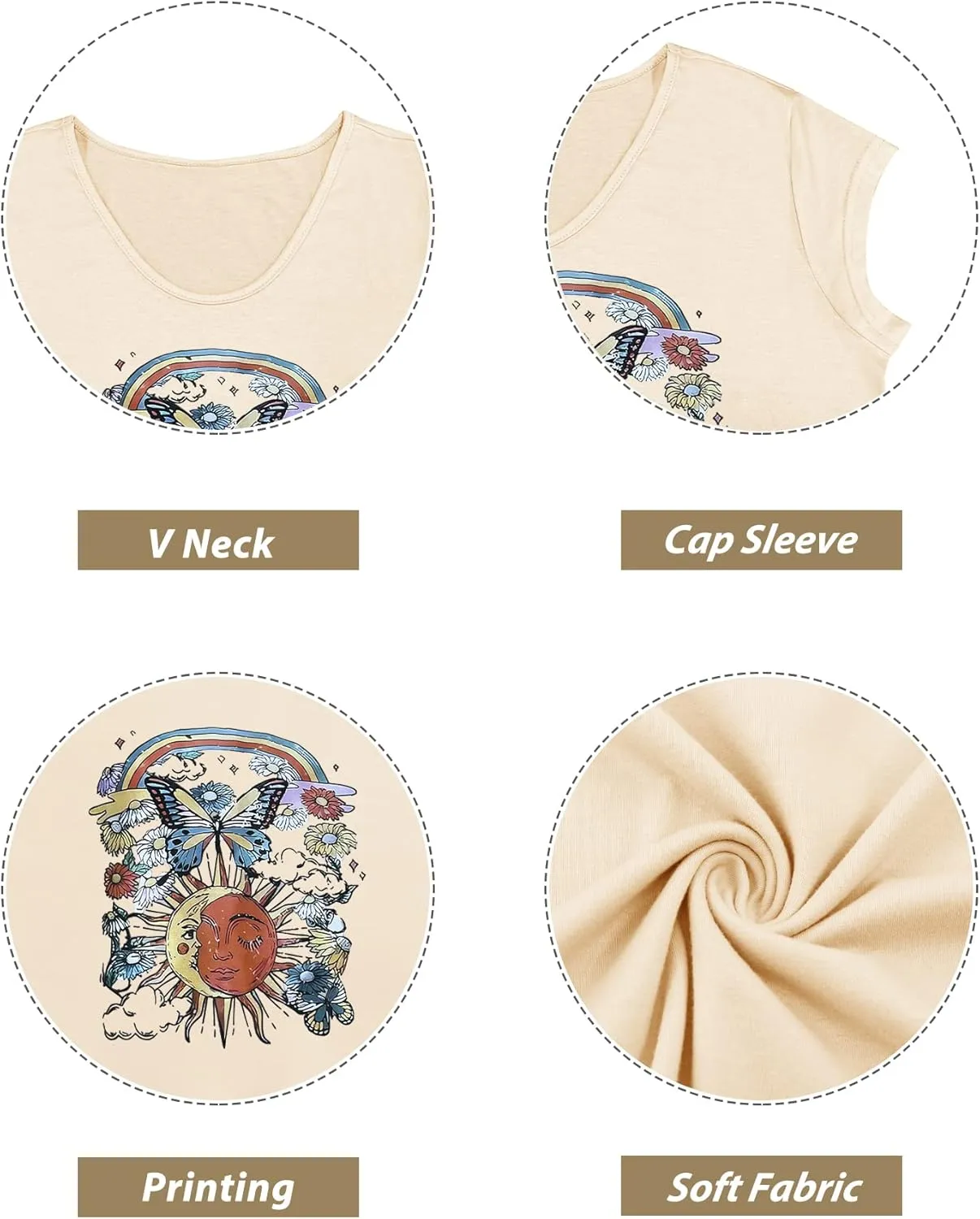Anbech Cap Sleeve Tops Women Graphic V Neck Shirt Solid Print Casual T-Shirts