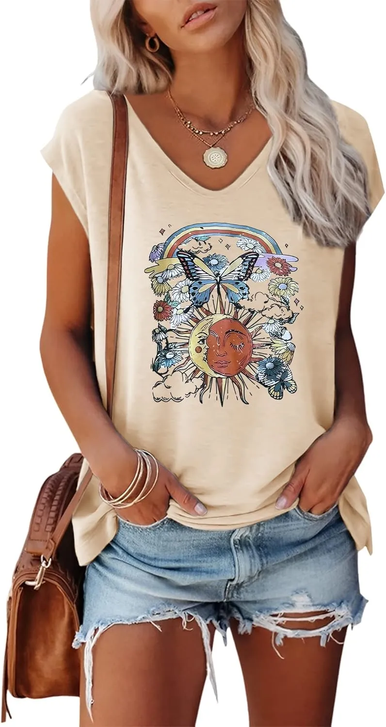 Anbech Cap Sleeve Tops Women Graphic V Neck Shirt Solid Print Casual T-Shirts