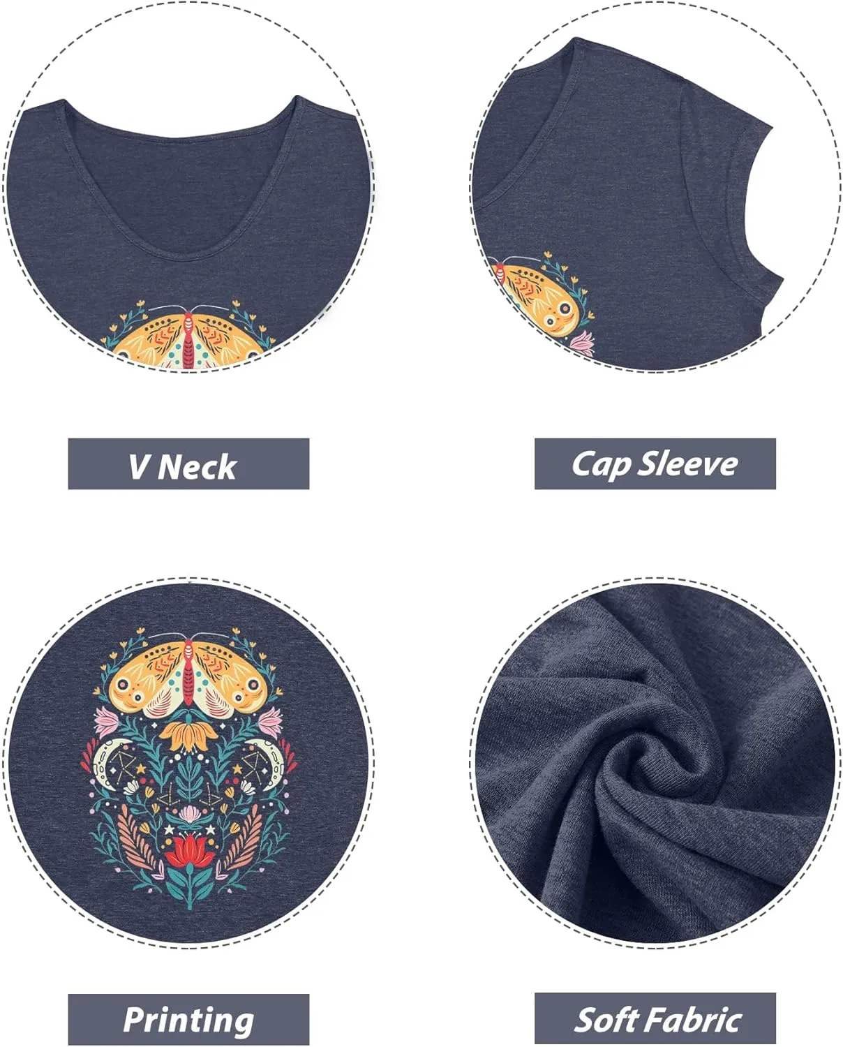 Anbech Cap Sleeve Tops Women Graphic V Neck Shirt Solid Print Casual T-Shirts