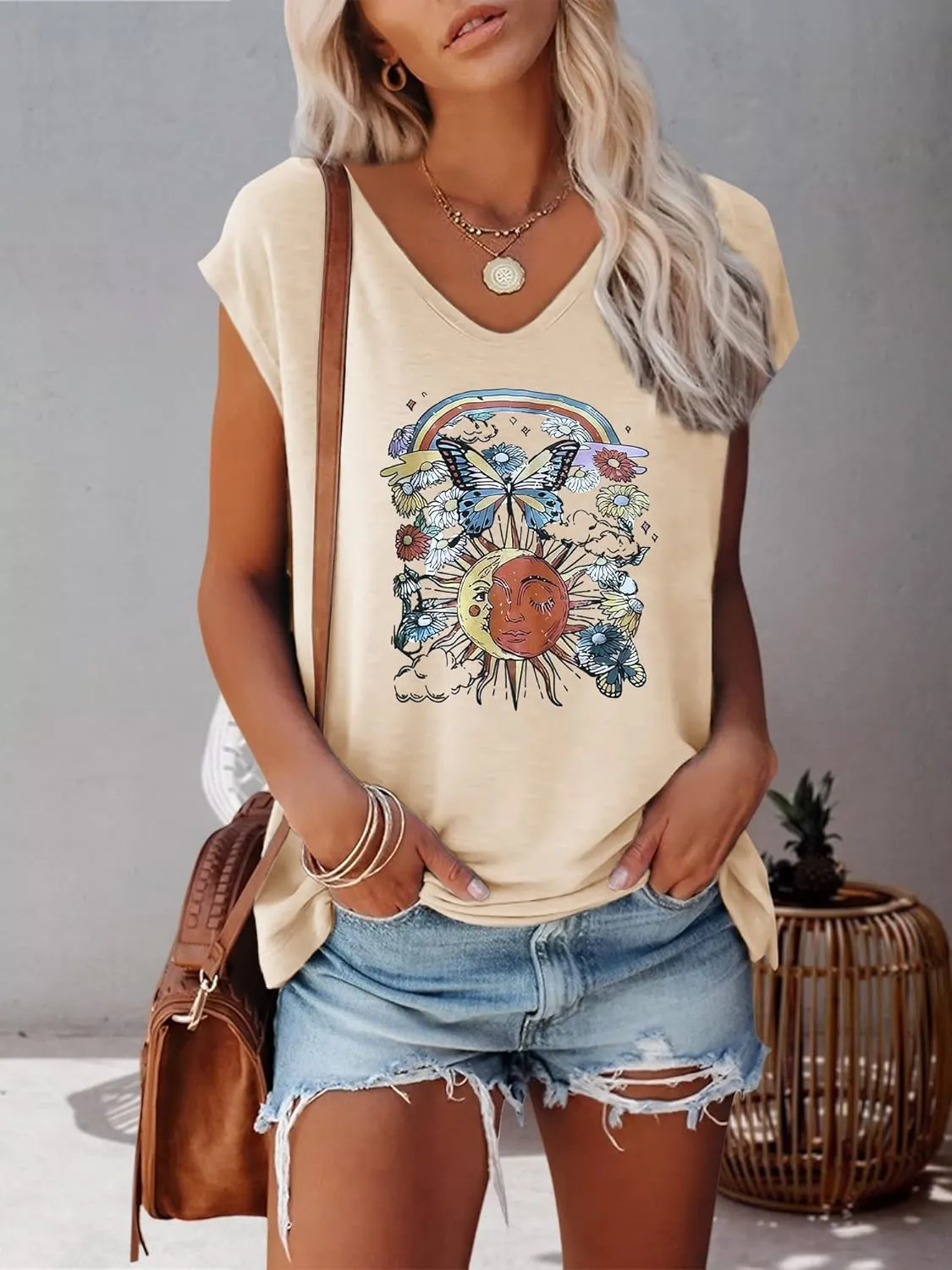 Anbech Cap Sleeve Tops Women Graphic V Neck Shirt Solid Print Casual T-Shirts