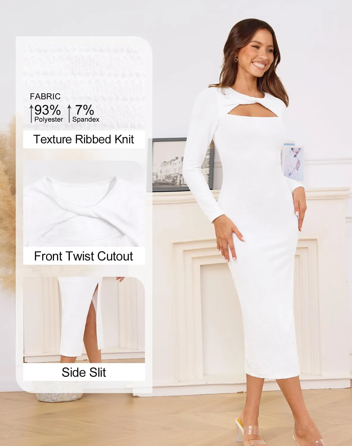 Annebouti Women's Fall Long Sleeve Cut Out Wedding Guest Dresses Side Slit Ribbed Bodycon Cocktail Midi Dress