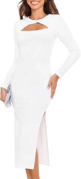 Annebouti Women's Fall Long Sleeve Cut Out Wedding Guest Dresses Side Slit Ribbed Bodycon Cocktail Midi Dress Annebouti Women's Fall Long Sleeve Cut Out Wedding Guest Dresses Side Slit Ribbed Bodycon Cocktail Midi Dress