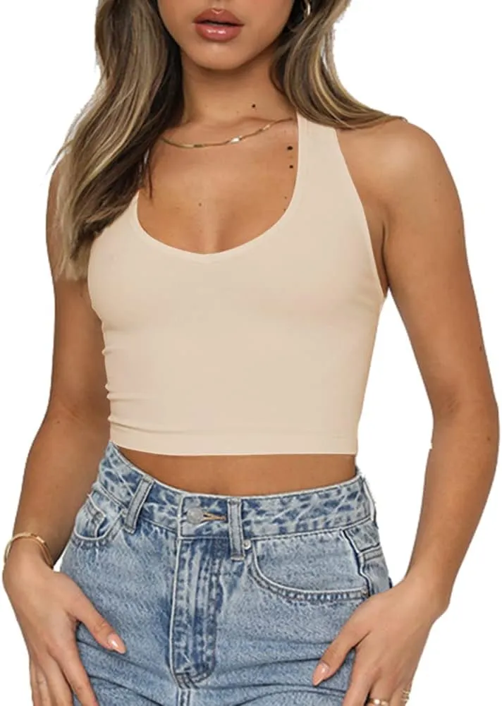 Artfish Women's Sexy Scoop Neck Halter Crop Top Backless Knit Rib Basic Cami Tank Tops