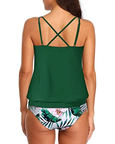 Athletic Two Piece Blouson Tankini Swimsuits For Women-Green Tropical Floral