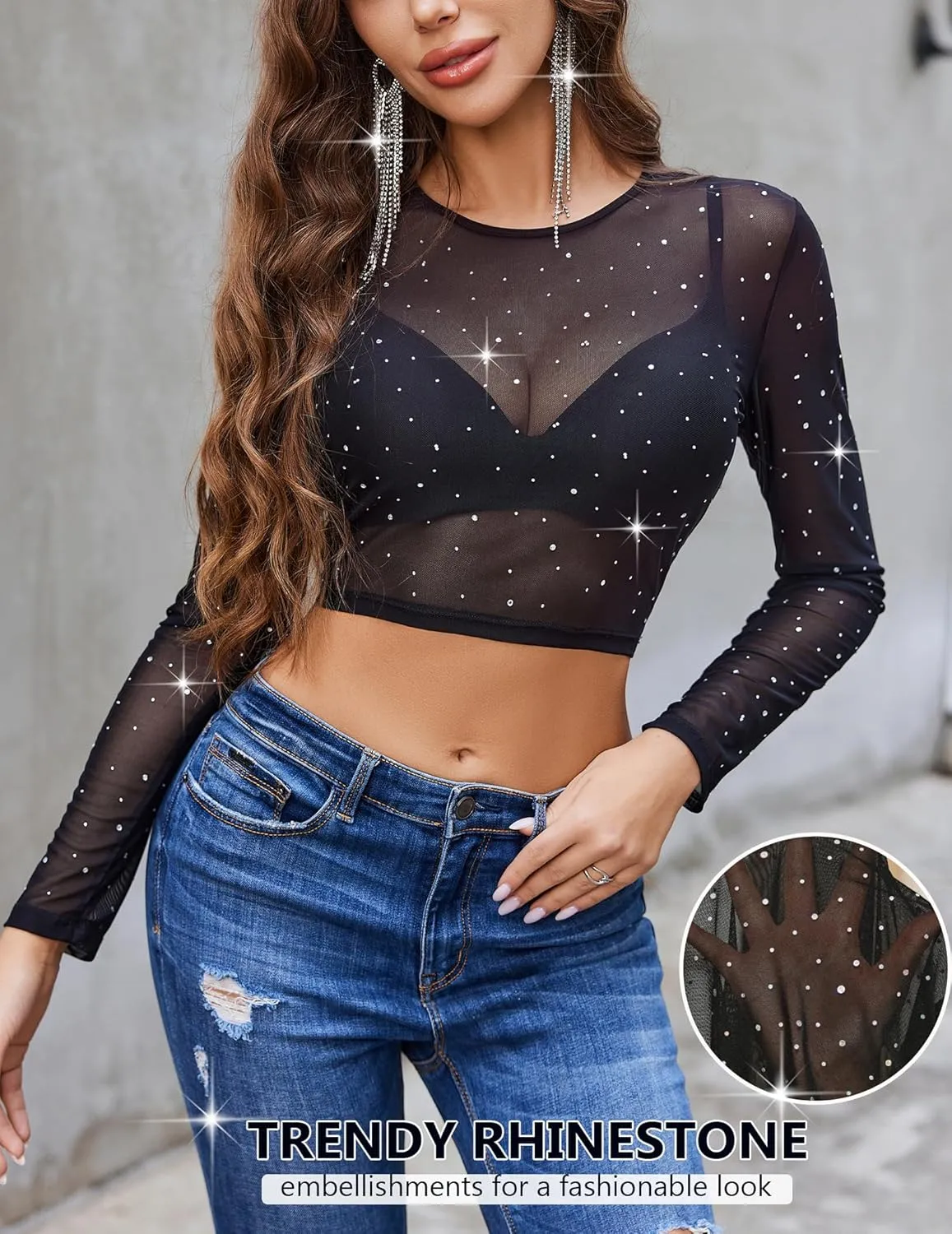 Avidlove Womens Sparkly Rhinestone Mesh Top Long Sleeve Sheer Shirt Crewneck Glitter Tops See Through Crop Top