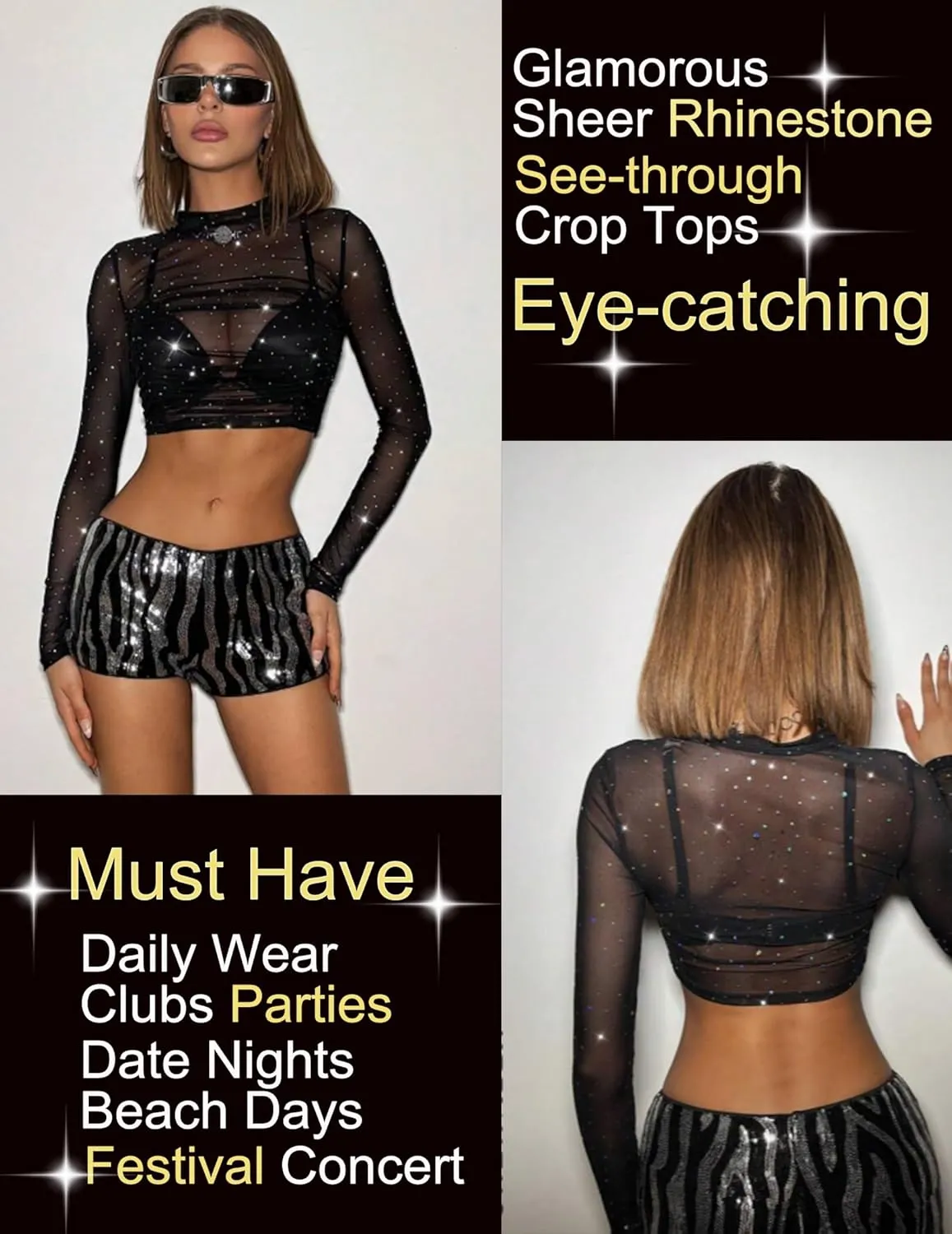 Avidlove Womens Sparkly Rhinestone Mesh Top Long Sleeve Sheer Shirt Crewneck Glitter Tops See Through Crop Top