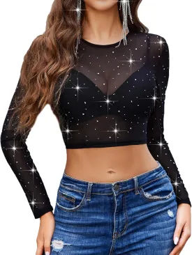 Avidlove Womens Sparkly Rhinestone Mesh Top Long Sleeve Sheer Shirt Crewneck Glitter Tops See Through Crop Top