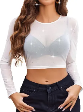 Avidlove Womens Sparkly Rhinestone Mesh Top Long Sleeve Sheer Shirt Crewneck Glitter Tops See Through Crop Top