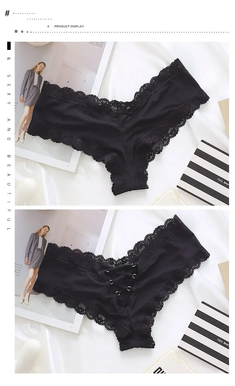 Back Bandage Design Satin Sexy Lace Panties Women Solid Seamless Underwear Soft High Level Crotch Cotton Briefs