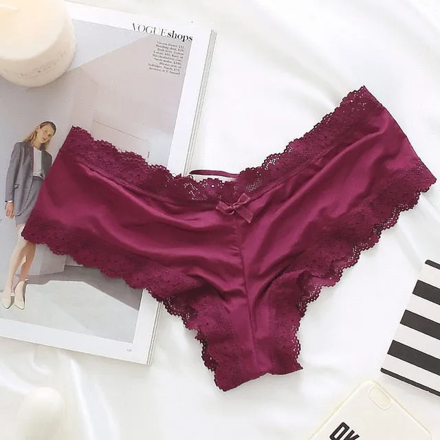 Back Bandage Design Satin Sexy Lace Panties Women Solid Seamless Underwear Soft High Level Crotch Cotton Briefs