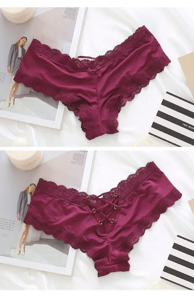 Back Bandage Design Satin Sexy Lace Panties Women Solid Seamless Underwear Soft High Level Crotch Cotton Briefs