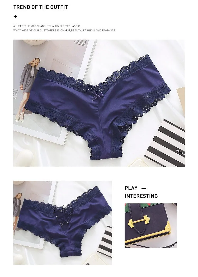 Back Bandage Design Satin Sexy Lace Panties Women Solid Seamless Underwear Soft High Level Crotch Cotton Briefs