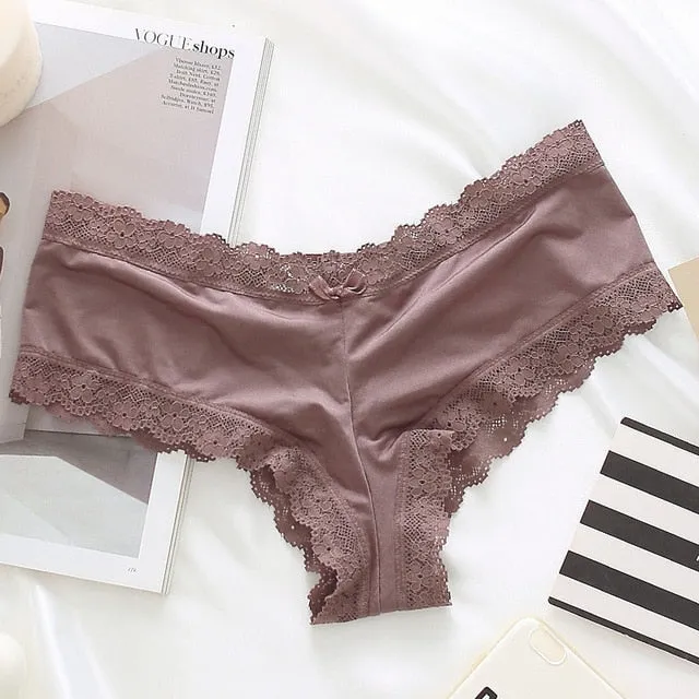 Back Bandage Design Satin Sexy Lace Panties Women Solid Seamless Underwear Soft High Level Crotch Cotton Briefs