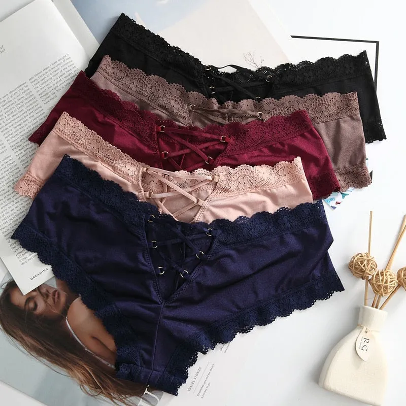 Back Bandage Design Satin Sexy Lace Panties Women Solid Seamless Underwear Soft High Level Crotch Cotton Briefs