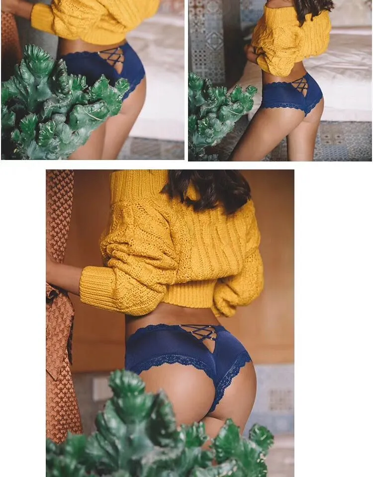 Back Bandage Design Satin Sexy Lace Panties Women Solid Seamless Underwear Soft High Level Crotch Cotton Briefs