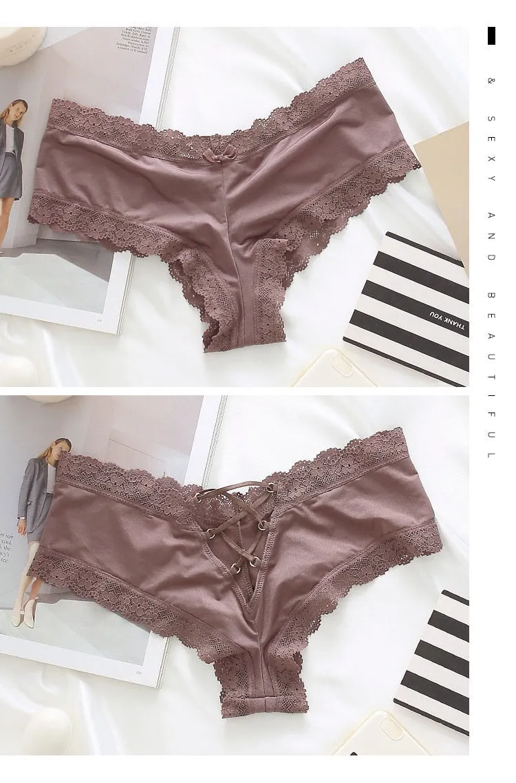 Back Bandage Design Satin Sexy Lace Panties Women Solid Seamless Underwear Soft High Level Crotch Cotton Briefs