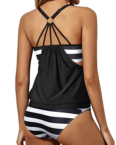 Blouson Tankini Top Bottom Double Up Bathing Suit Tankini Swimsuits For Women-Black And White Stripe