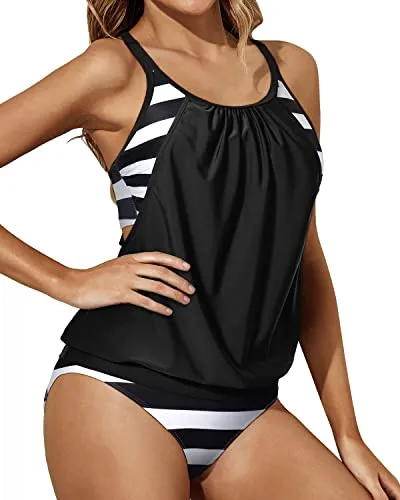 Blouson Tankini Top Bottom Double Up Bathing Suit Tankini Swimsuits For Women-Black And White Stripe