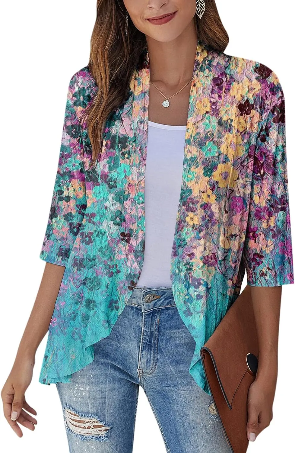 Cardigans for Women 2025 Retro Print Lightweight Cardigans Casual Duster Jackets 3/4 Sleeve Blouse Tops Coat